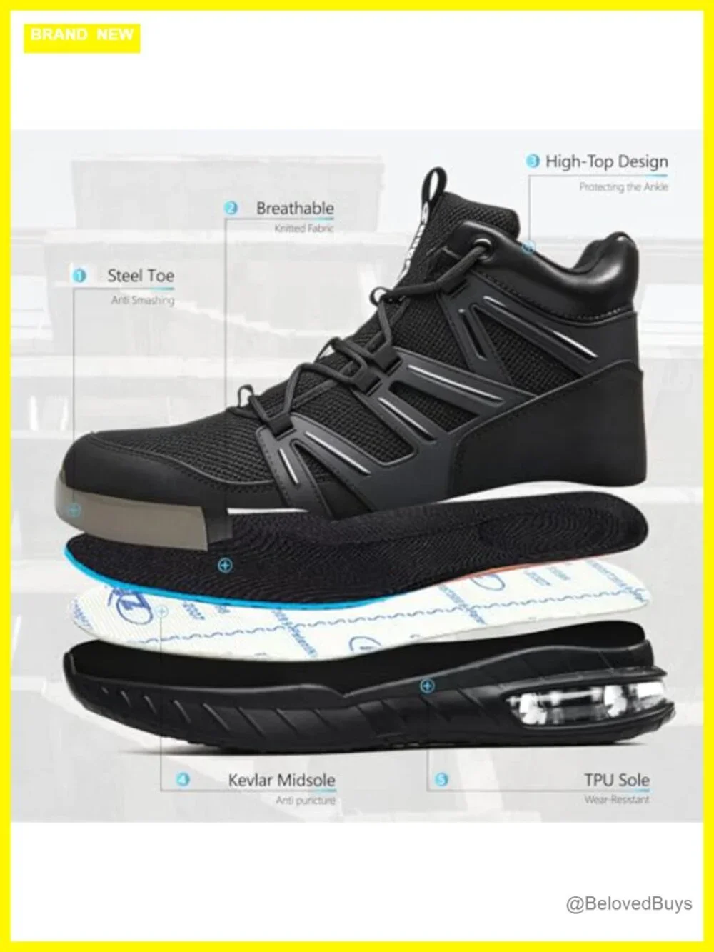 Steel Toe Safety Shoes Puncture Proof Kevlar Midsole Lightweight Work Sneakers
